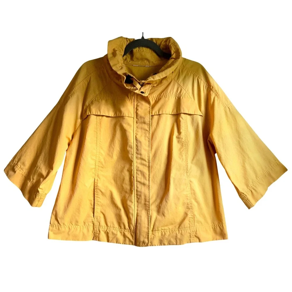 Chic‎ Yellow Funnel Neck Swing Rain Jacket, L 3/4 Sleeve Lightweight Windbreaker